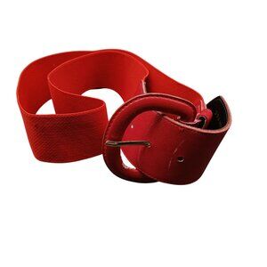 Vintage Red Elastic Belt with Leather Buckle & Gold-Tone Pin Taiwan ROC